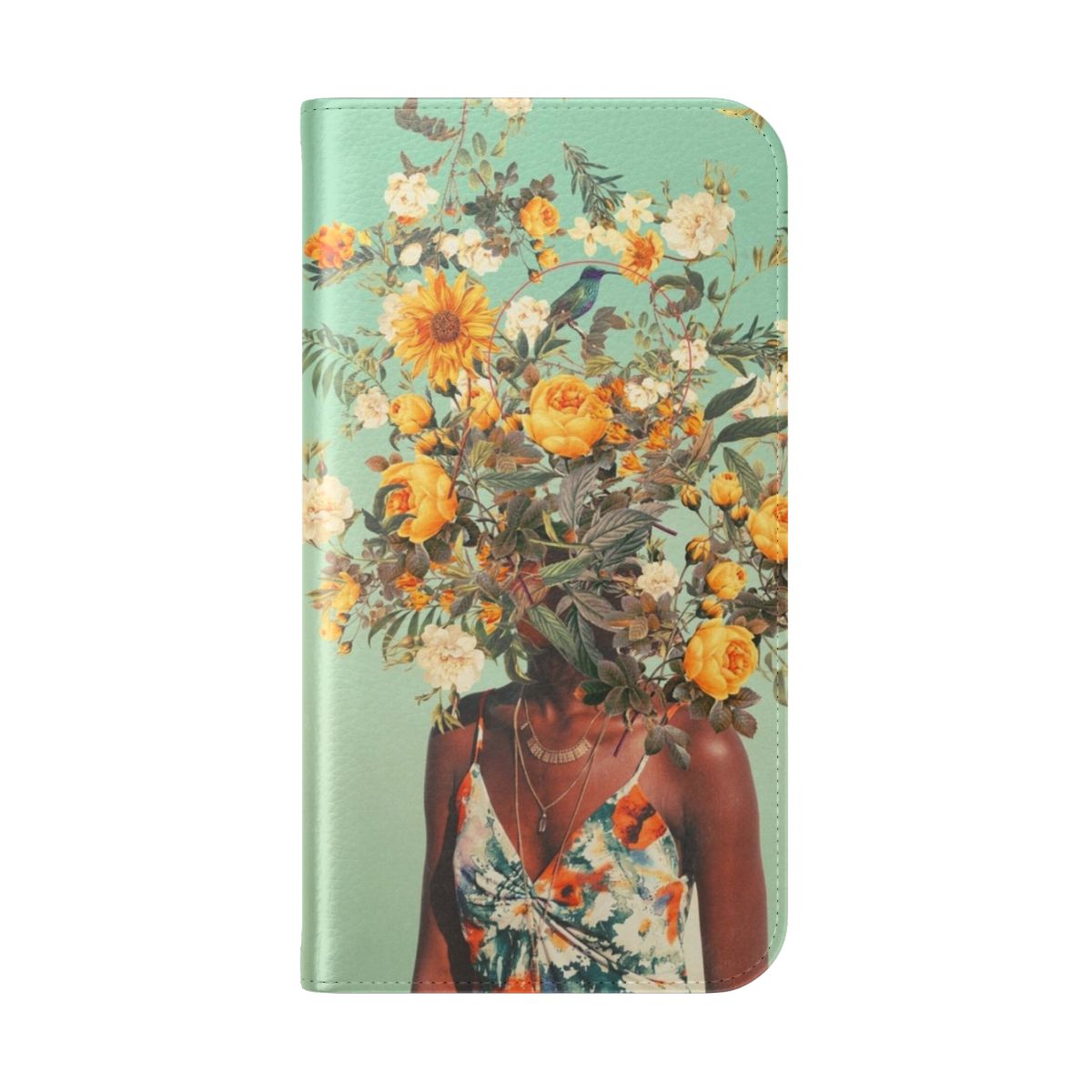 Vintage collage phone case featuring a vibrant floral and bird design in shades of green, blue, and yellow. - Folded Back