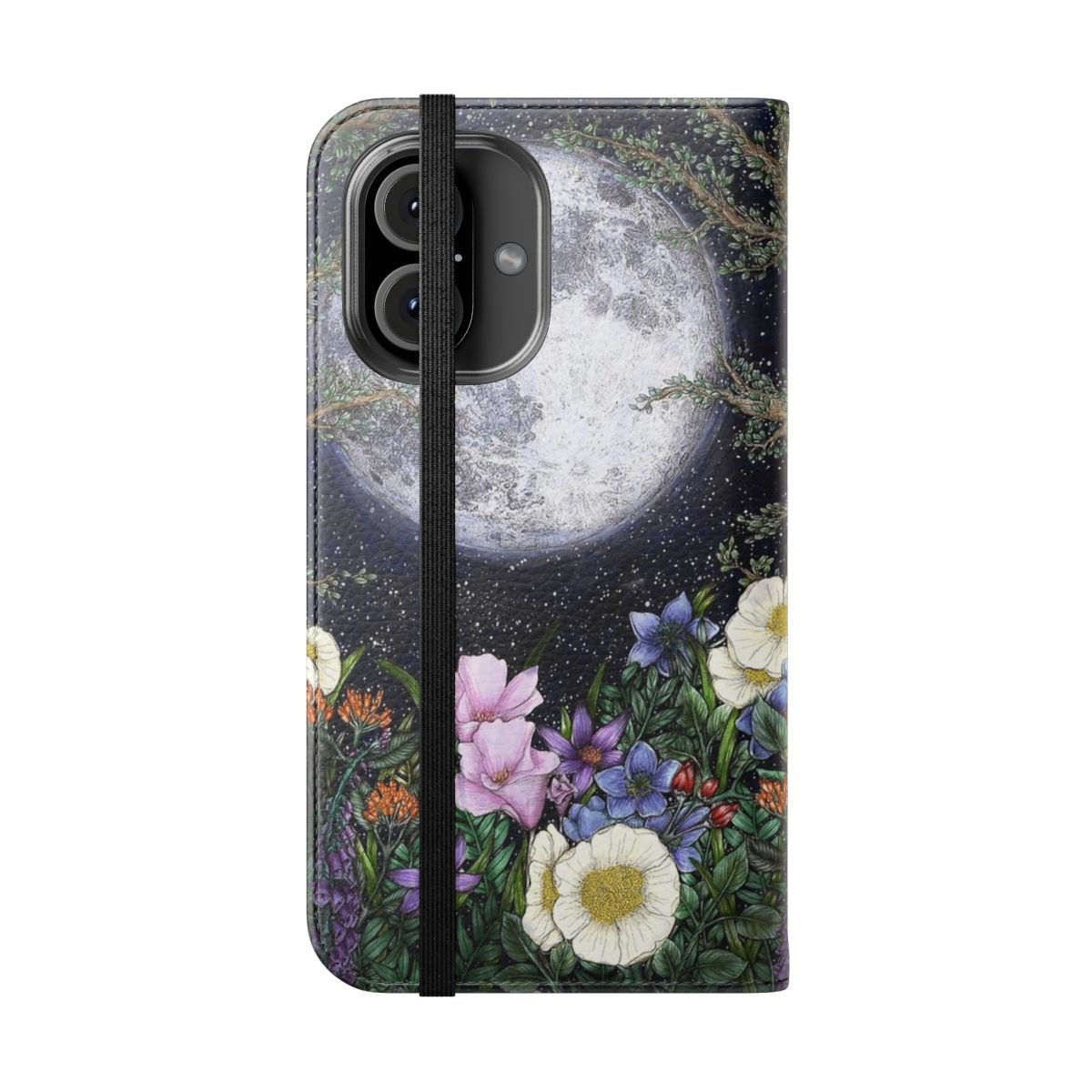 Midnight Garden Floral Phone Case Cover featuring a moon and night sky design - Folded Front