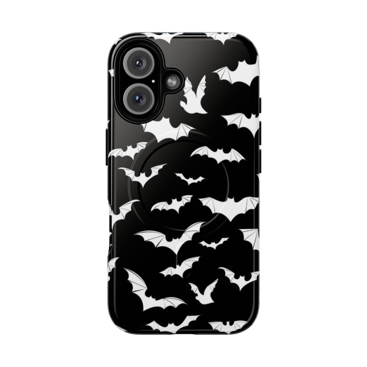 Magnetic tough phone case featuring a dark, gothic-style bat design