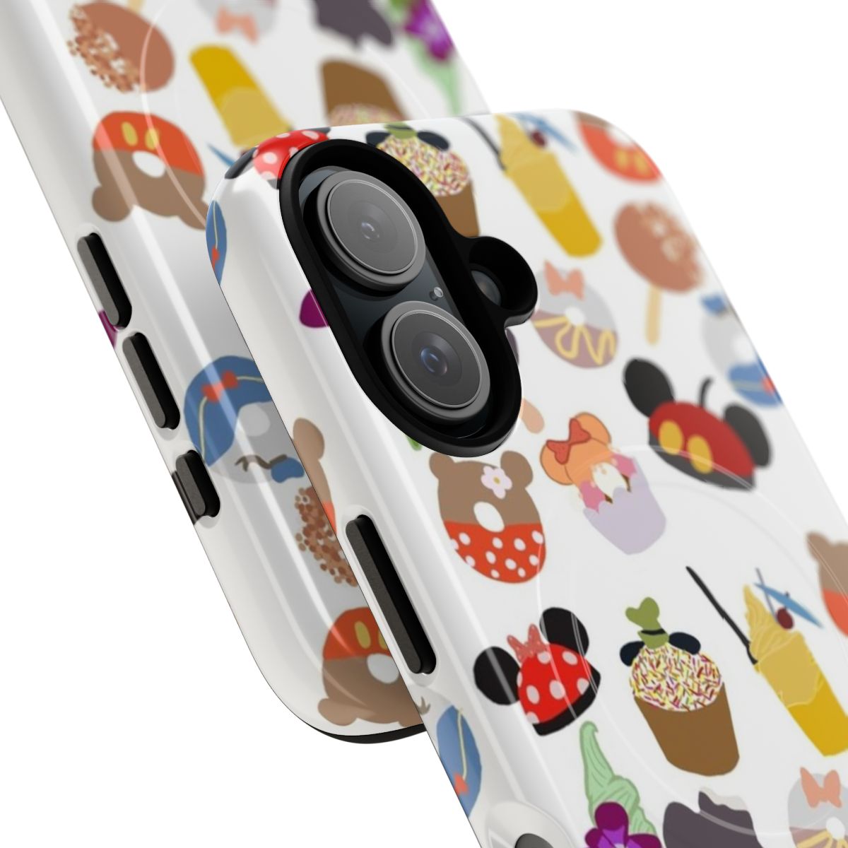 Magnetic tough phone case featuring colorful Disney inspired designs like Mickey Mouse, snacks, and treats. - Detail