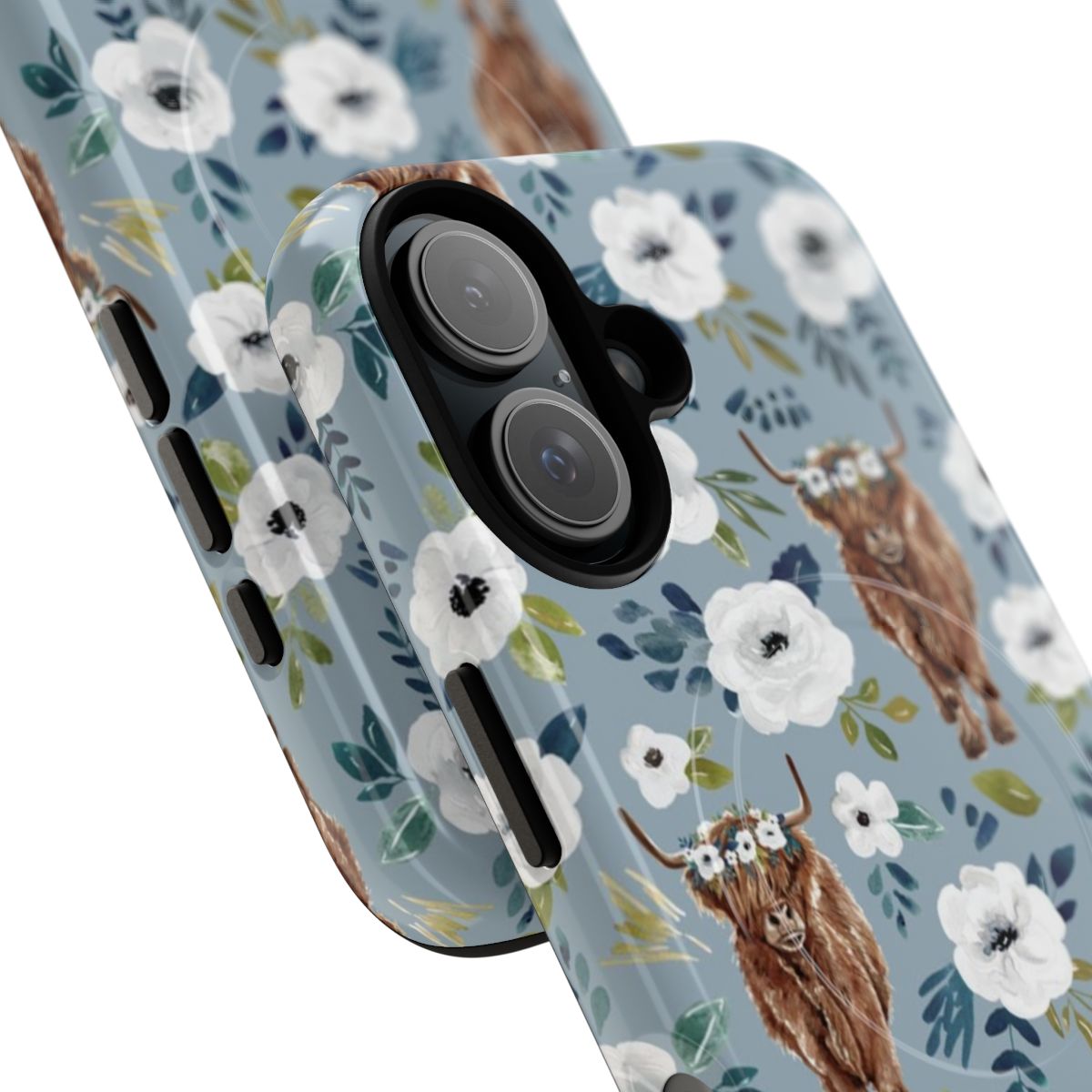 Floral phone case with watercolor highland cow illustration - Detail