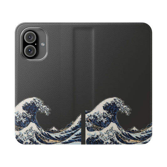 Flip phone case featuring the iconic "Great Wave off Kanagawa" artwork by the Japanese artist Hokusai.