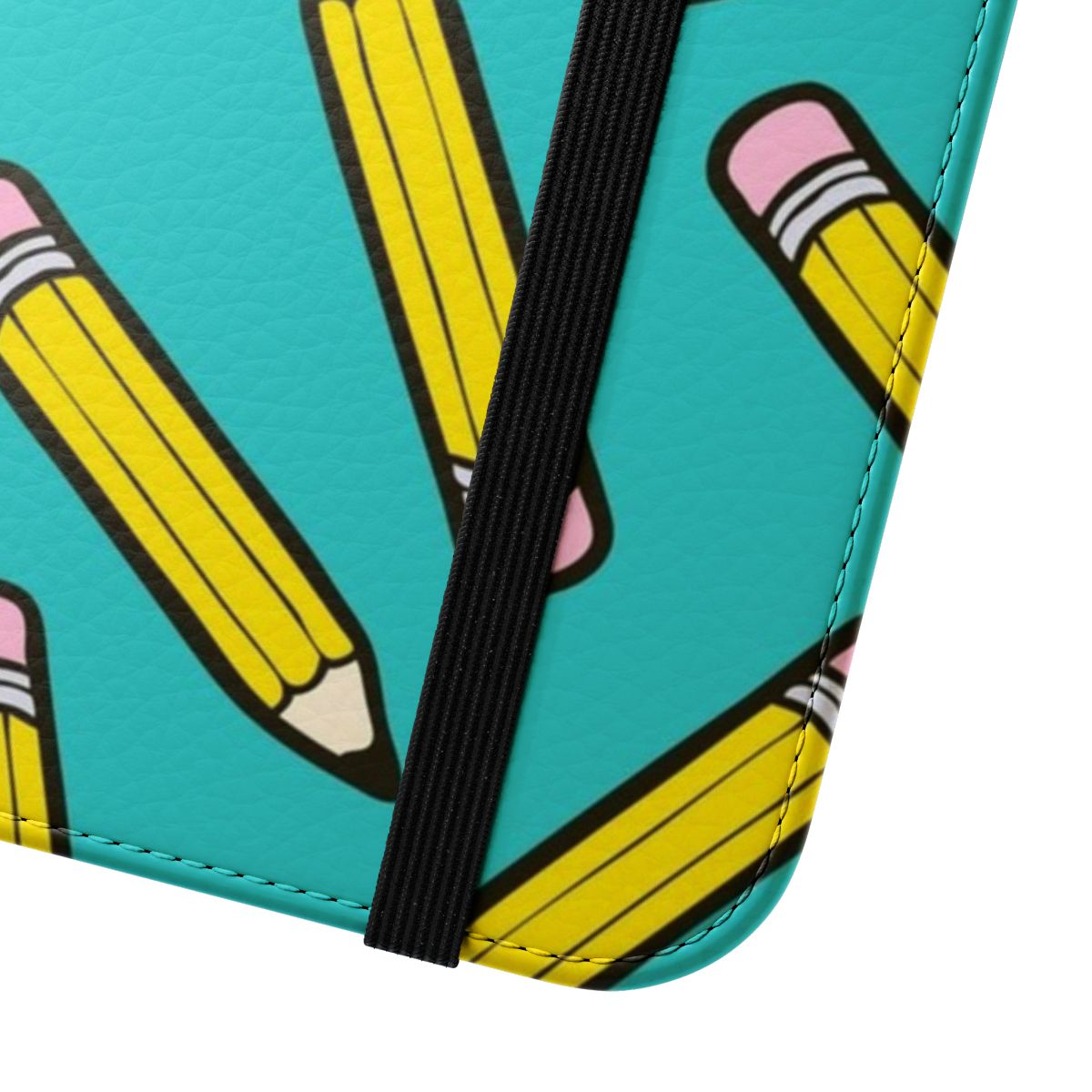 A vibrant, hand-drawn blue pattern phone case with a flip cover design. - Close Up