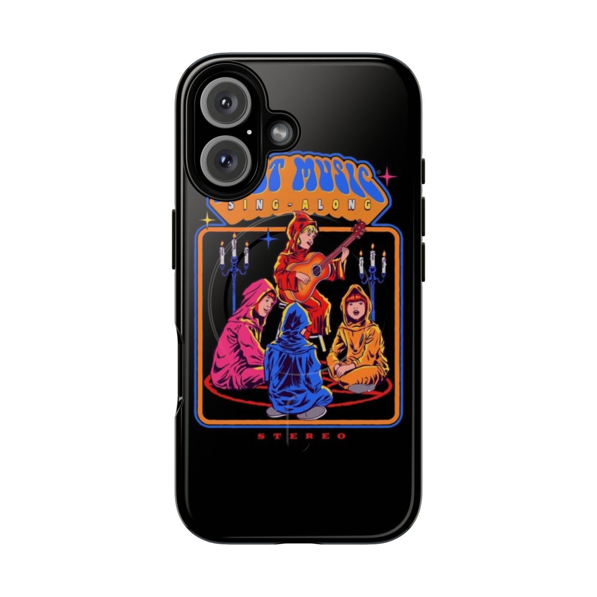 Retro-inspired magnetic phone case featuring cult music designs