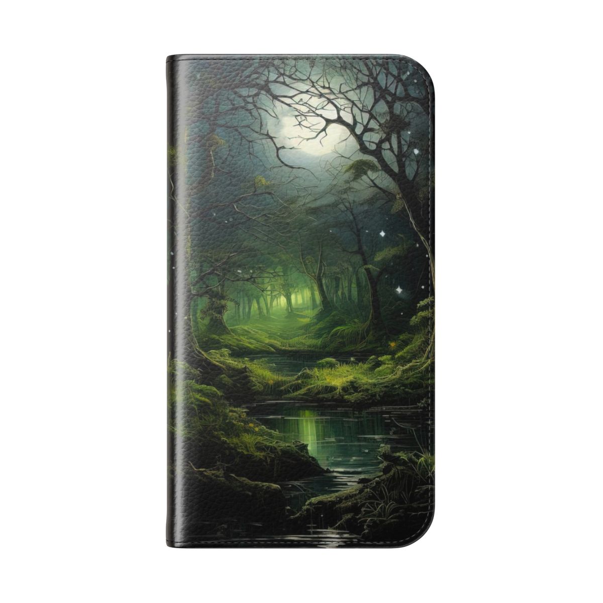 Fairy forest landscape with dark trees and glowing lights, ideal for a phone case design. - Folded Back