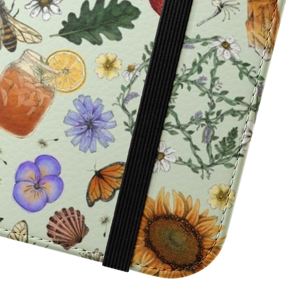 A green flip cover phone case with a Litha-inspired pattern featuring symbolic elements like a pentacle, sunflowers, and butterflies. - Close Up