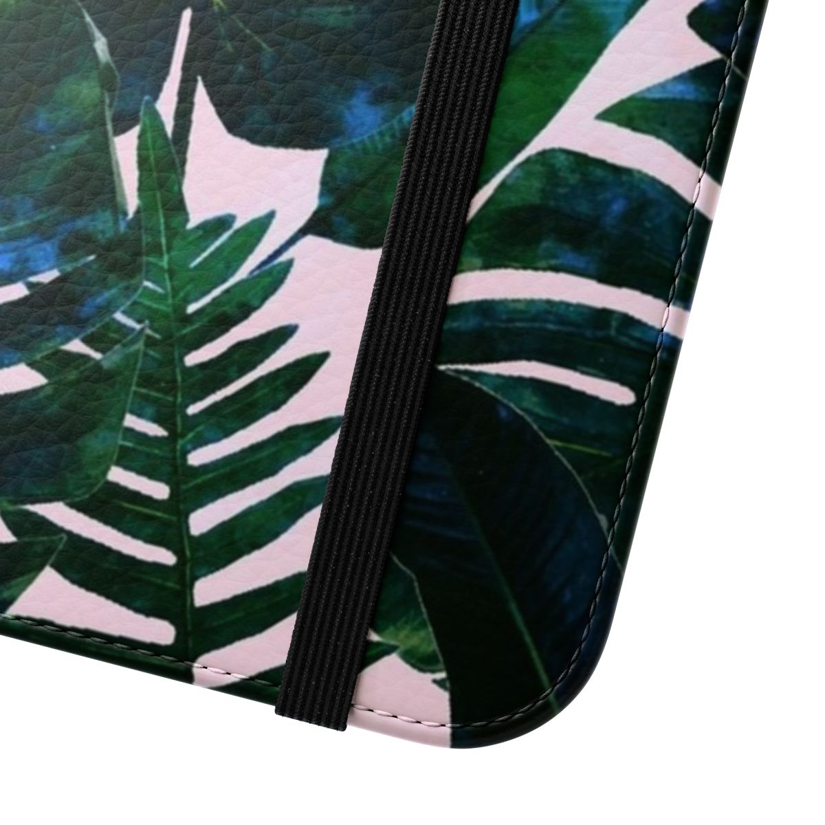 Flip cover phone case featuring a vibrant tropical botanical plants painting with palm leaves, monstera leaves, and banana leaves. - Close Up