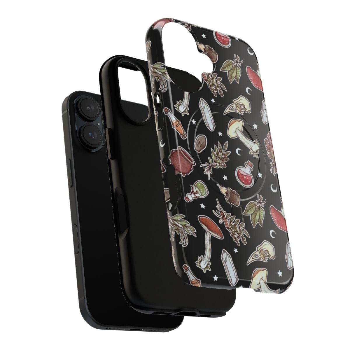 Witchy pattern dark magnetic tough phone case with spooky elements like moon, crystal, and mushroom - Layers