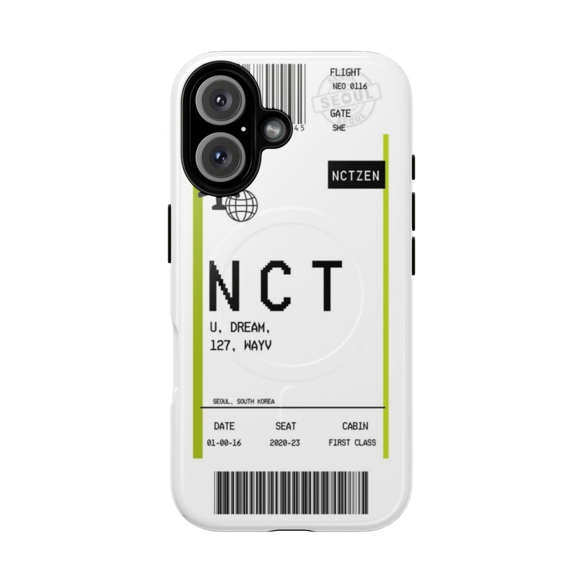 Magnetic tough phone case with NCT boarding pass design