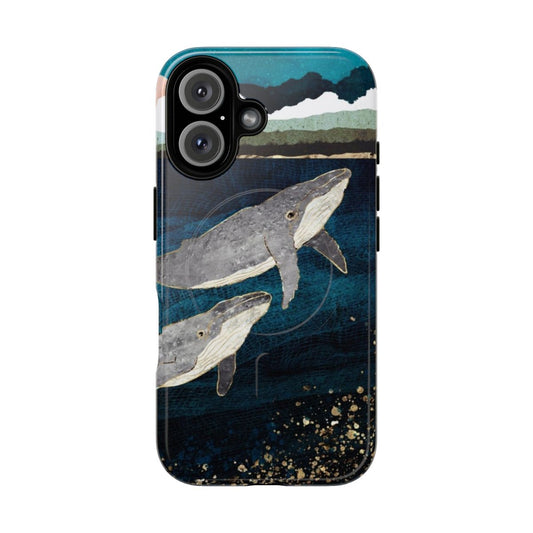 Elegant and modern abstract phone case featuring a mother whale and her calf swimming in the ocean.