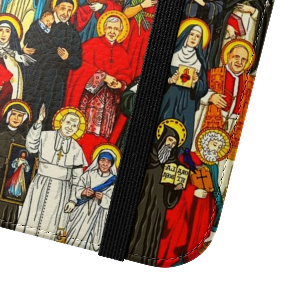 Flip phone case featuring illustrations of Catholic saints, including Padre Pio, Pope John Paul II, St. Francis, and St. Anthony. - Close Up