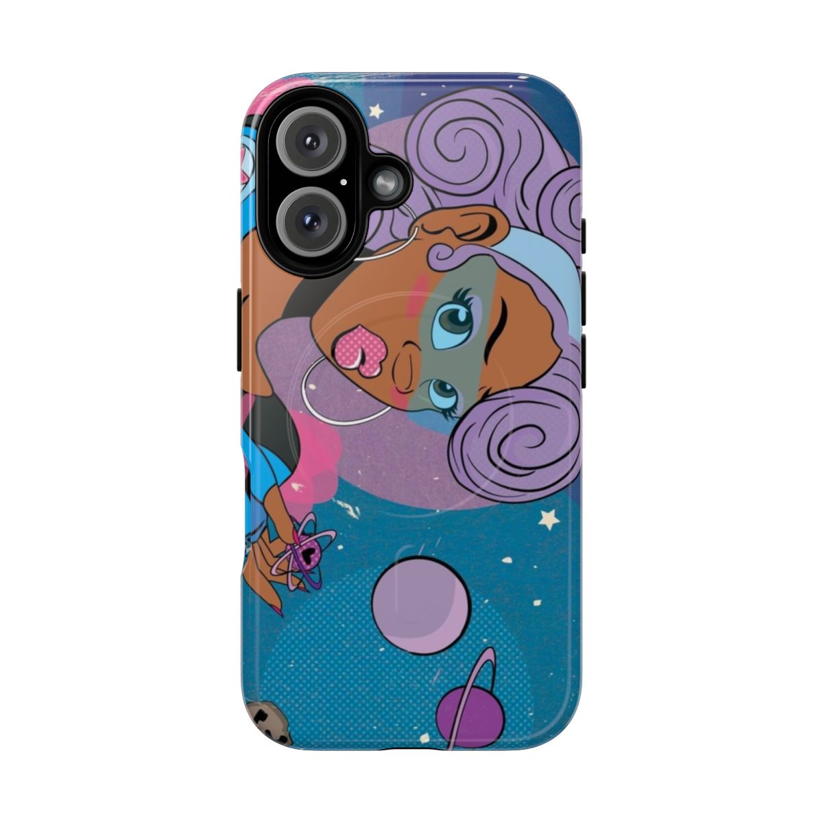 Galaxy-inspired phone case featuring a black woman with purple hair against a cosmic backdrop