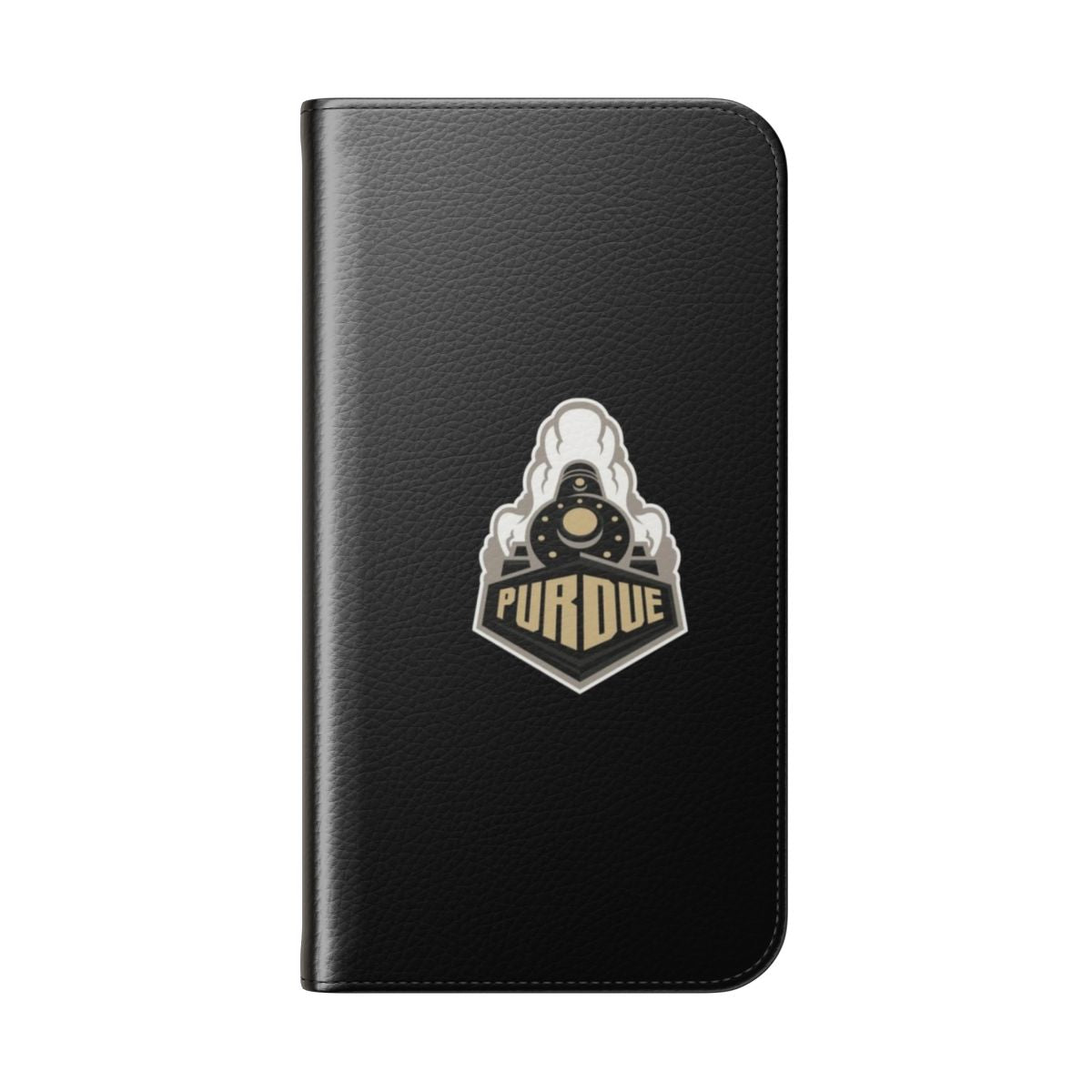 Purdue Boilermaker-inspired flip cover phone case featuring the university's logo and colors - Folded Back