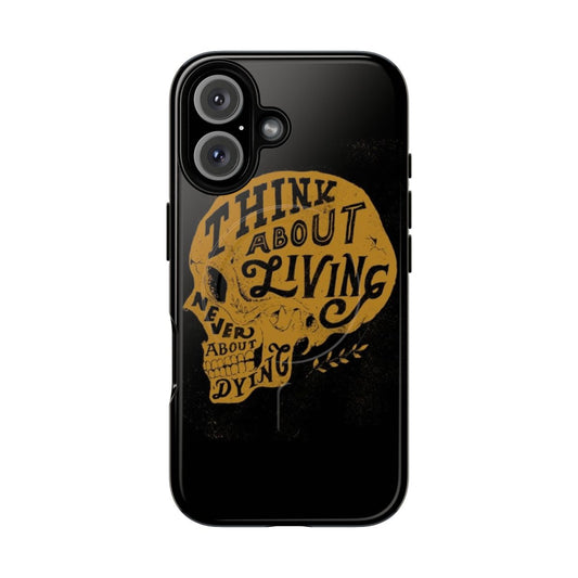 Thought-provoking phone case featuring skull and typography design