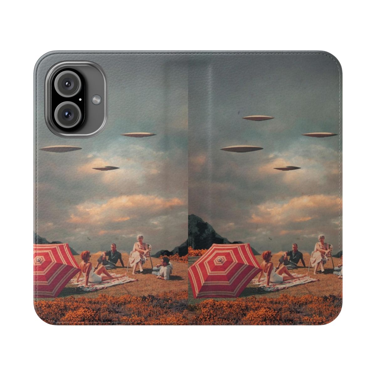 Retro-styled phone case featuring a digital collage design with UFOs, clouds, and a summer beach scene.