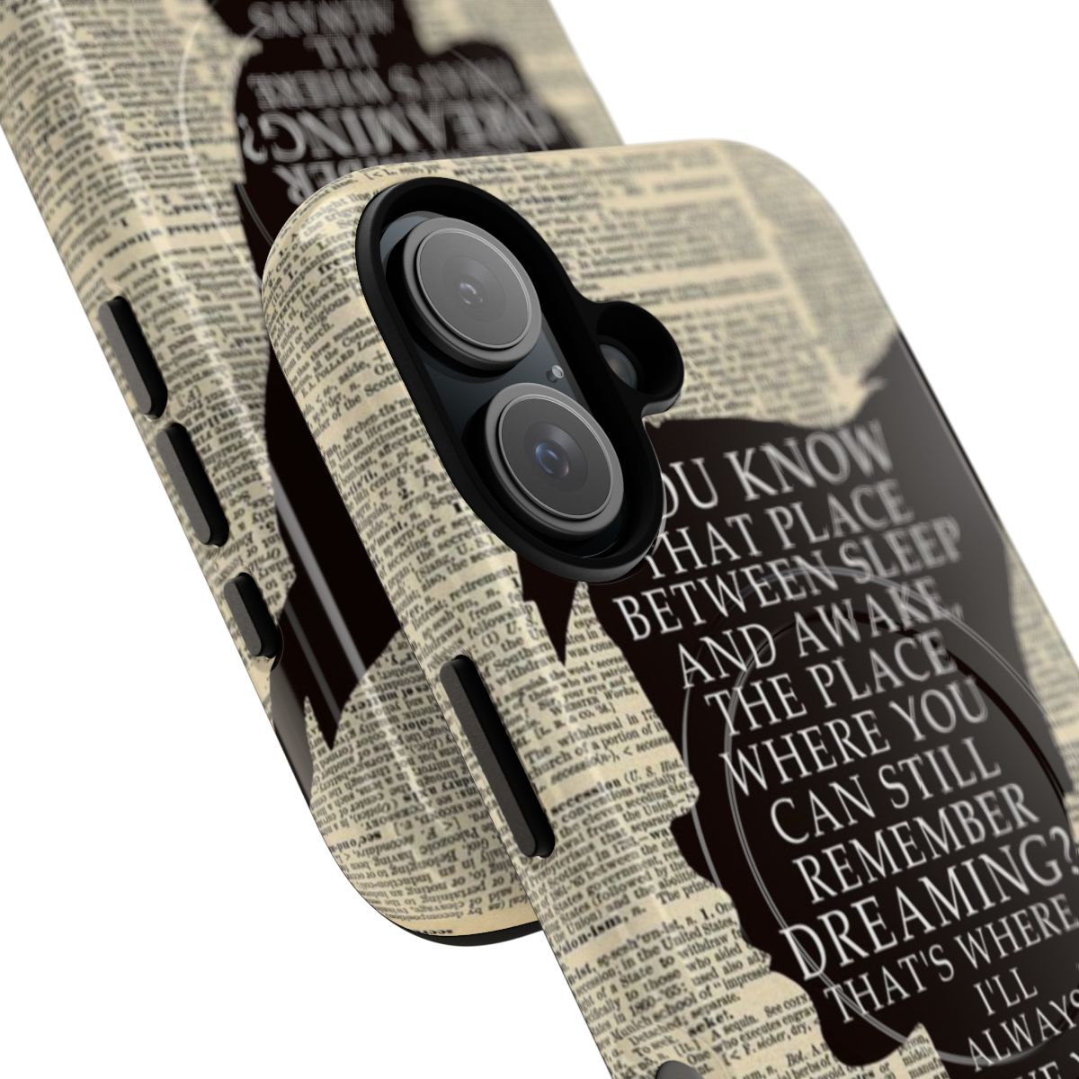 A phone case featuring a Peter Pan-inspired design with a vintage dictionary page background and flying stars. - Detail