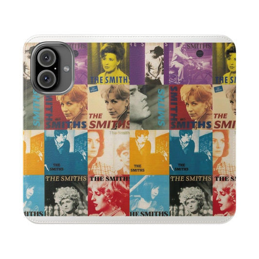 Retro-style collage featuring album cover artwork from the iconic British band The Smiths, displayed on a protective flip cover phone case.