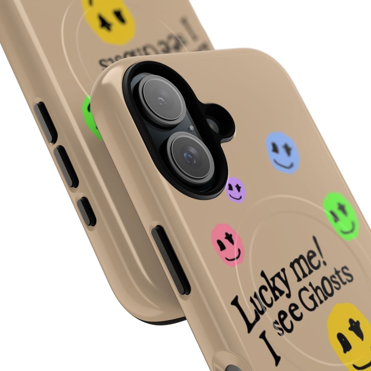 Colorful rainbow phone case with magnetic closure and tough protection, featuring a smiley face and pop culture inspired design - Detail