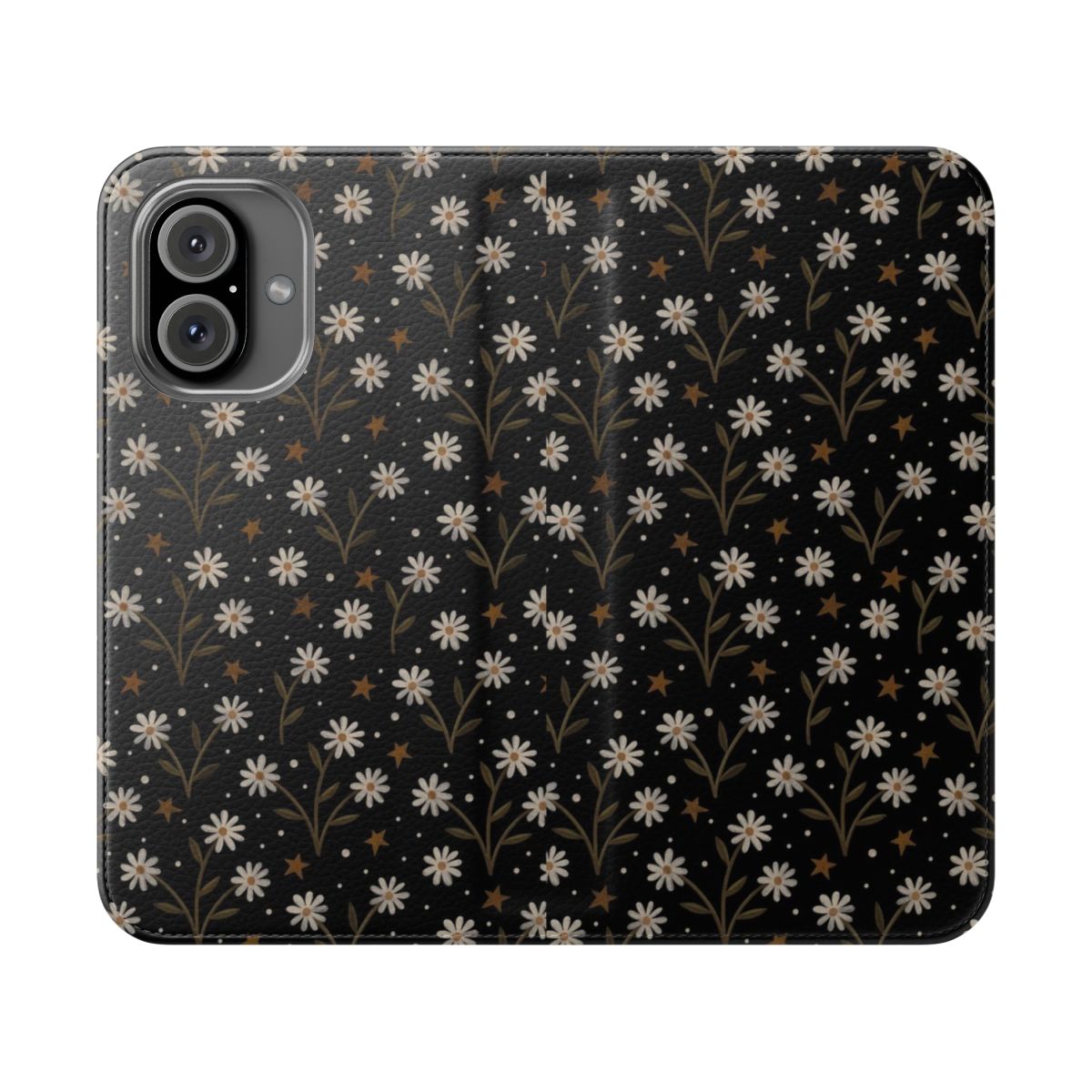 Elegant phone case featuring a pattern of tiny white flowers on a dark background