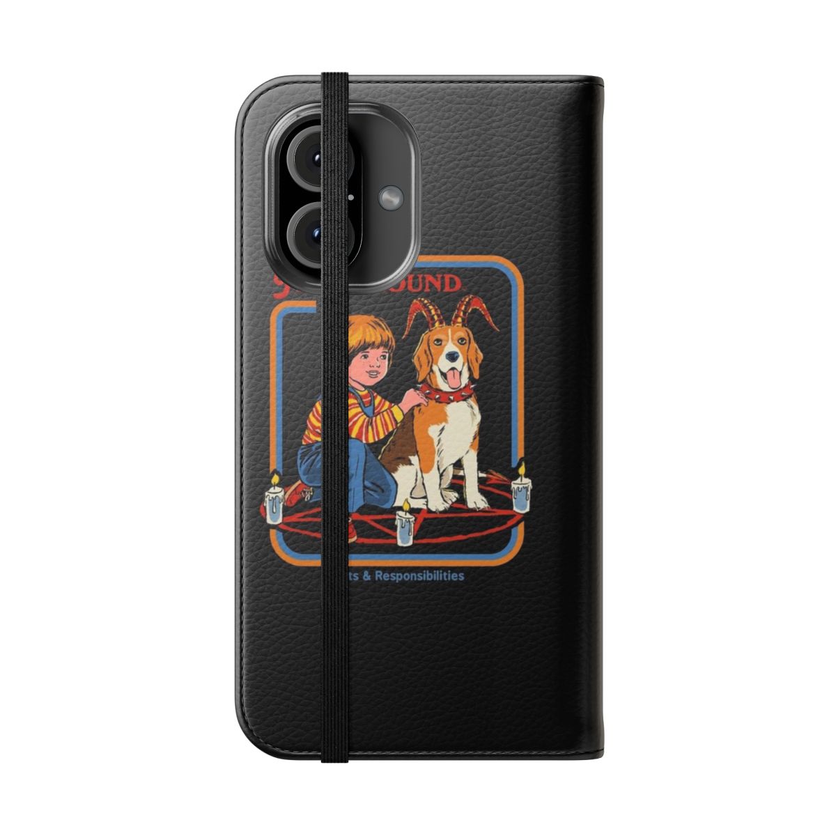 A vintage-style phone case featuring a playful demon dog illustration - Folded Front