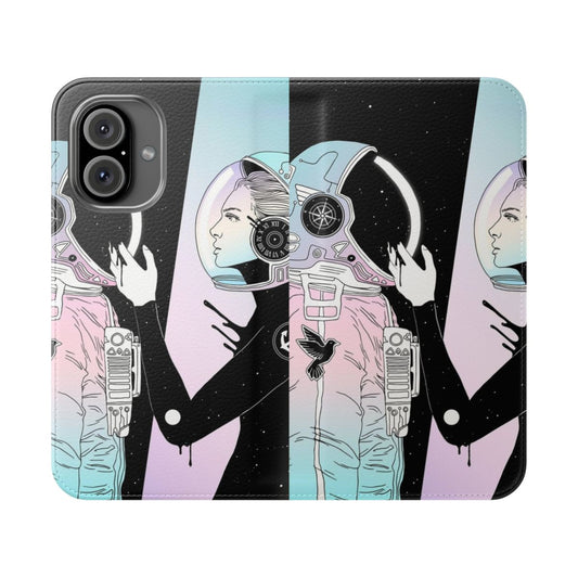 Flip phone case with space, universe, and cosmic design elements