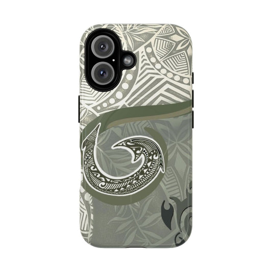 A green phone case featuring a Hawaiian-inspired fish hook and botanical design.