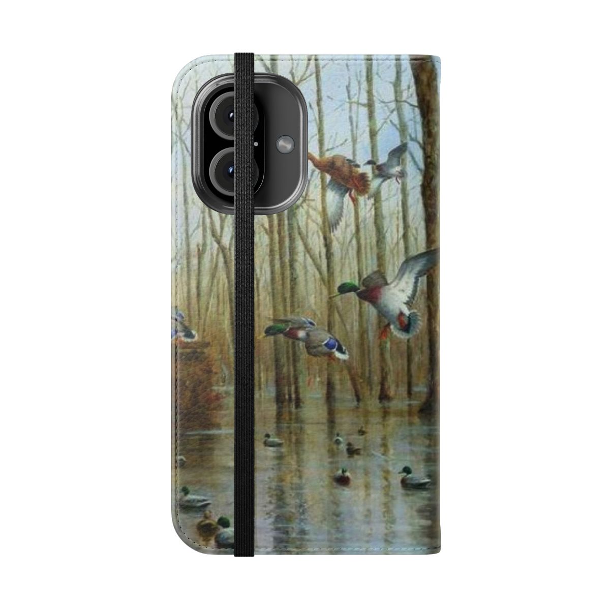 Mallard-patterned flip cover phone case with timber and swamp motifs for outdoor enthusiasts - Folded Front