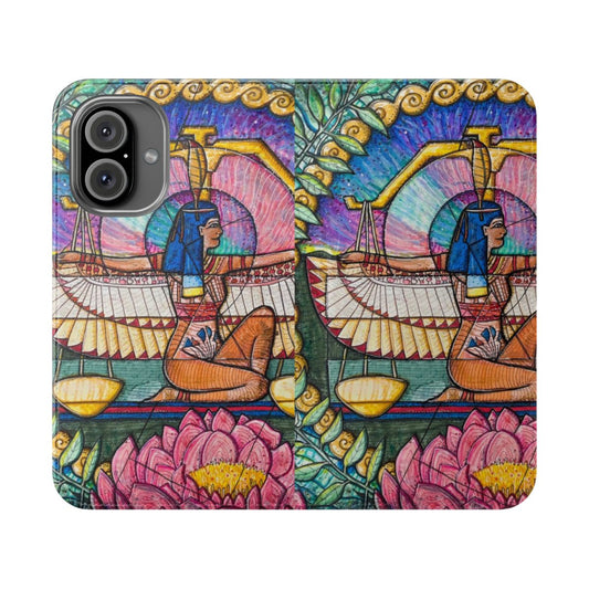 Image of a flip phone case with a Libra-inspired design featuring a scale, peony flower, and ancient Egyptian elements.