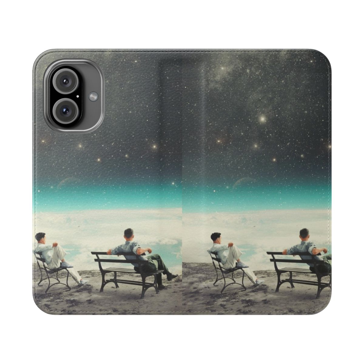 Vintage collage flip cover phone case with a cosmic friendship design featuring a man, stars, and the Earth.