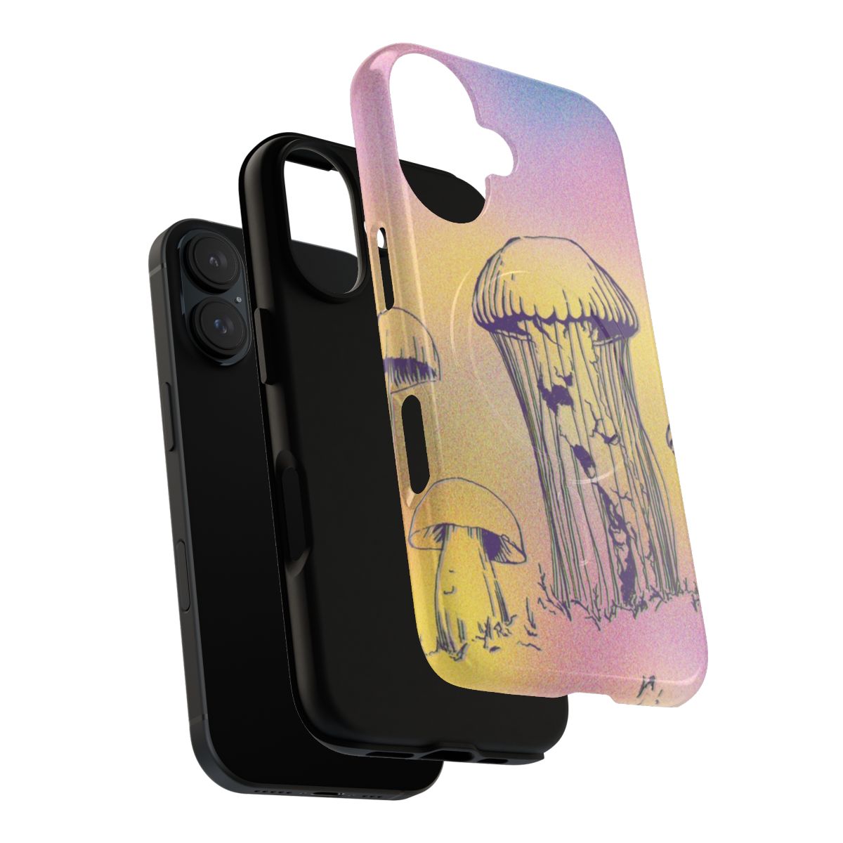 Vibrant and surreal phone case design featuring a jellyfish among colorful mushrooms and psychedelic patterns. - Layers