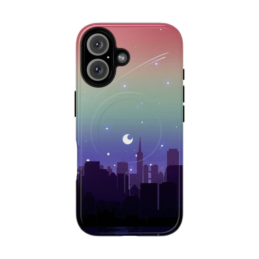 Colorful LGBT+ pride flag design featuring a cityscape and night sky with stars against a pixel art background