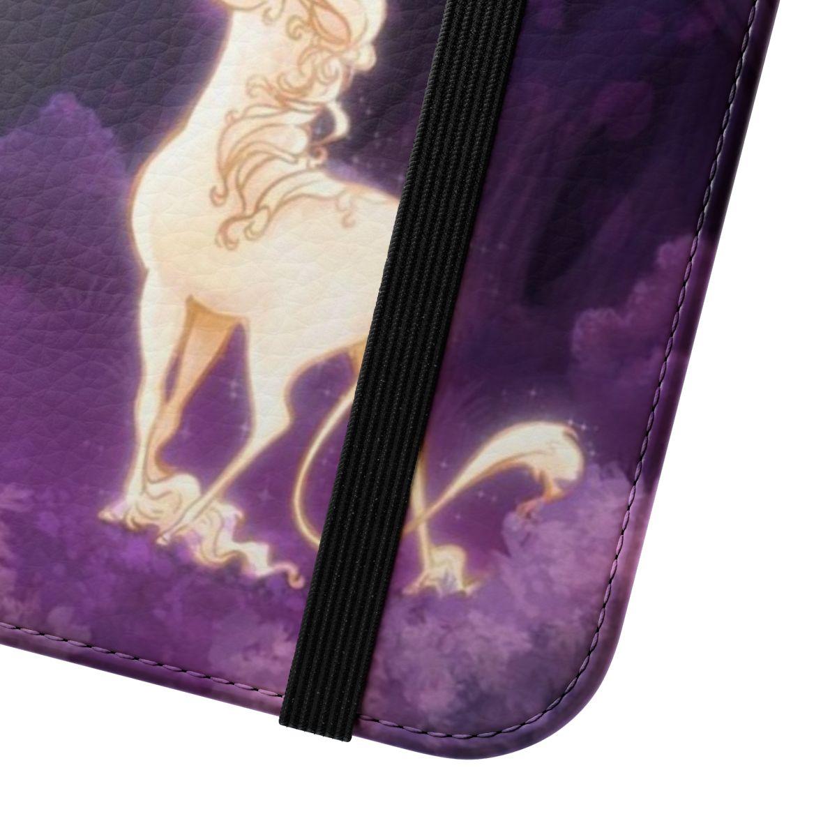 Illustration of a unicorn in a lilac wood on a flip cover phone case - Close Up