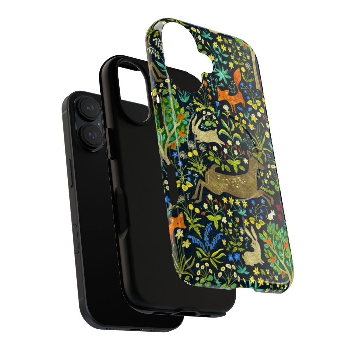 Magnetic phone case featuring a detailed medieval design with animals such as hares, rabbits, and deer in a forest setting. - Layers