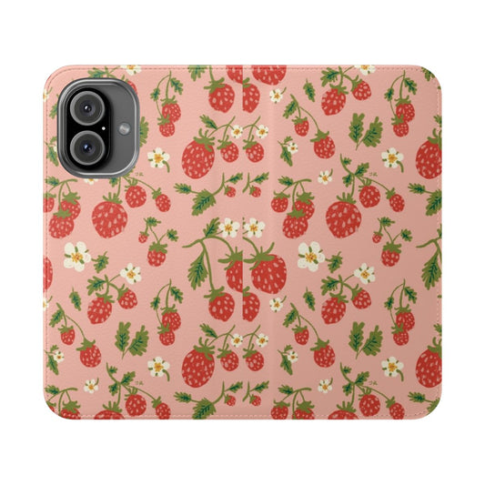 Vibrant strawberry and floral pattern on a pastel phone case