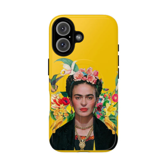 Frida Kahlo-inspired phone case with colorful floral and exotic bird design