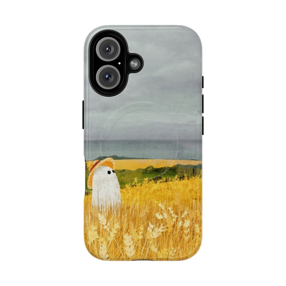 Spooky supernatural haunted ghost phone case with a wheat field landscape design