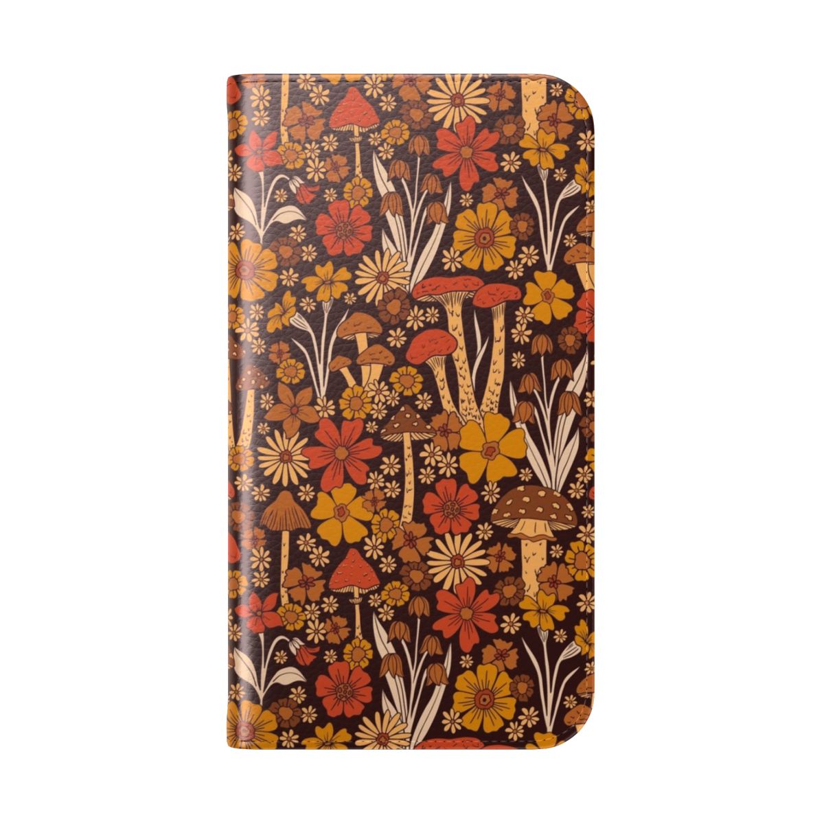 Retro 1970s-inspired flip phone case featuring colorful mushrooms and flowers in a psychedelic, vintage-inspired design. - Folded Back