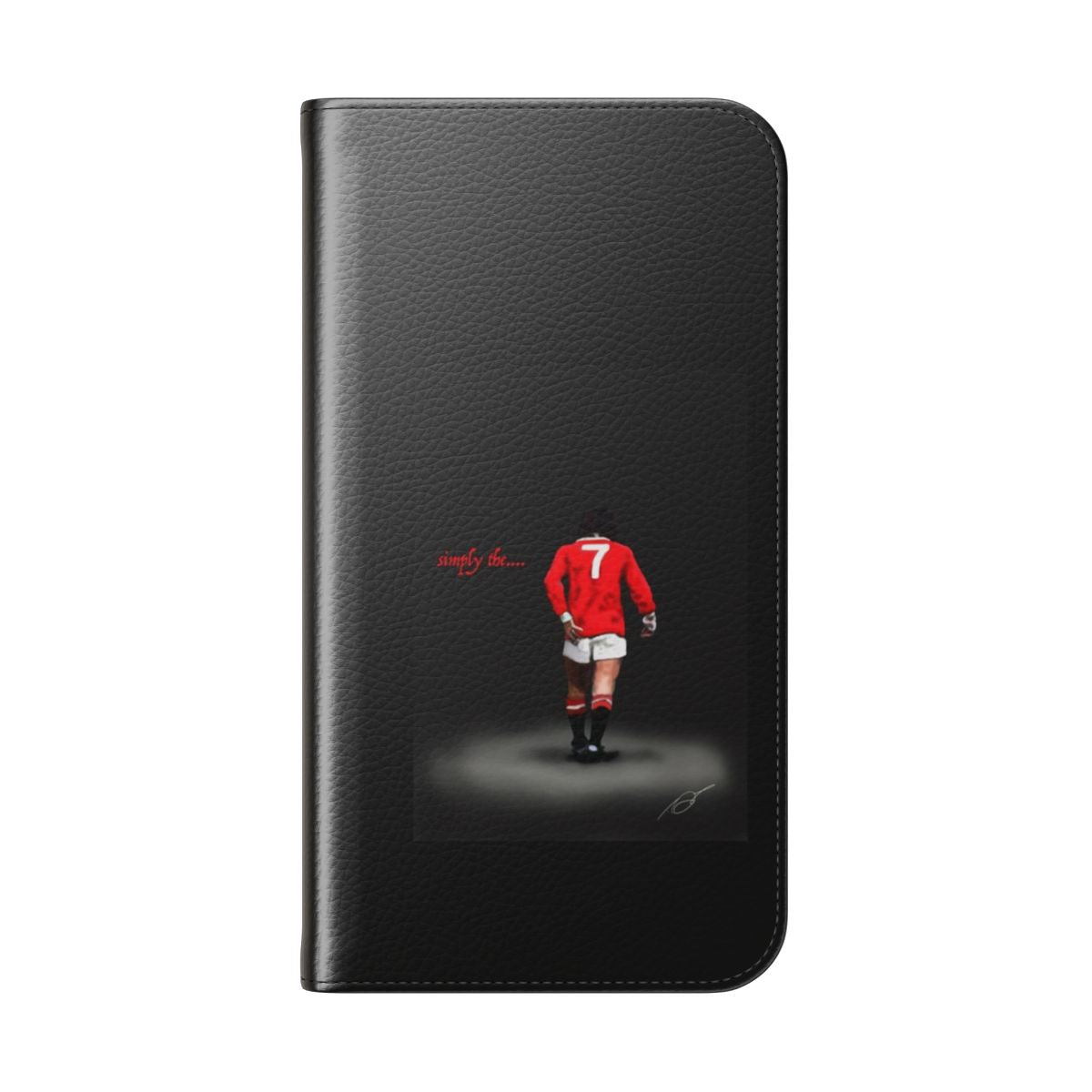 Flip cover phone case featuring a digital drawing of the legendary George Best, a former Manchester United football player. - Folded Back