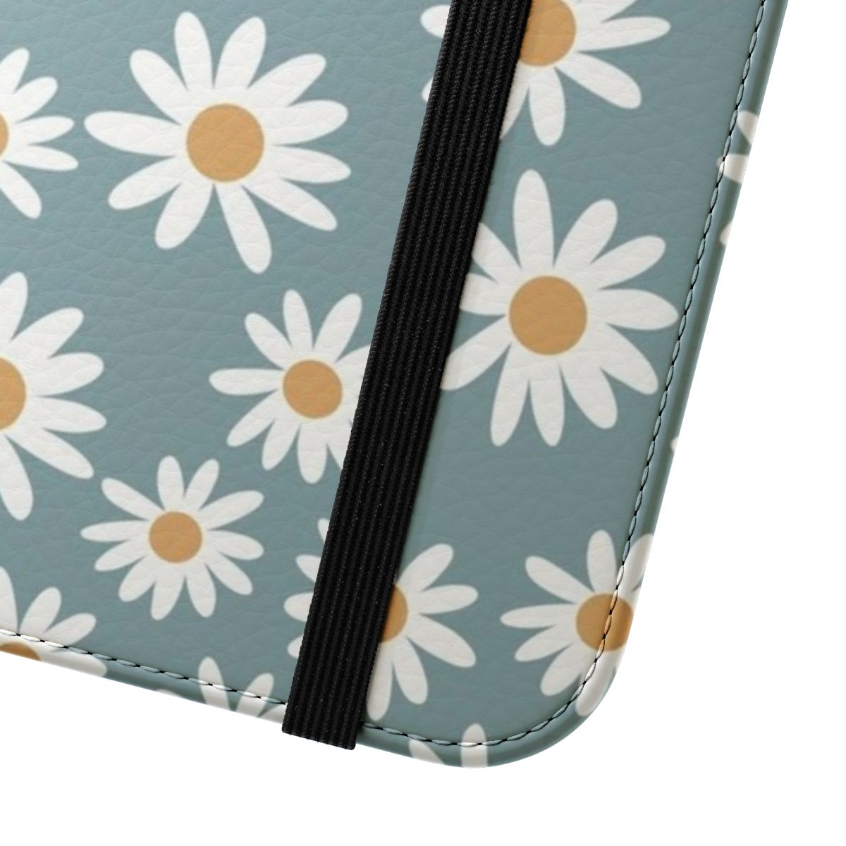 Retro floral daisy pattern design on a flip cover phone case - Close Up