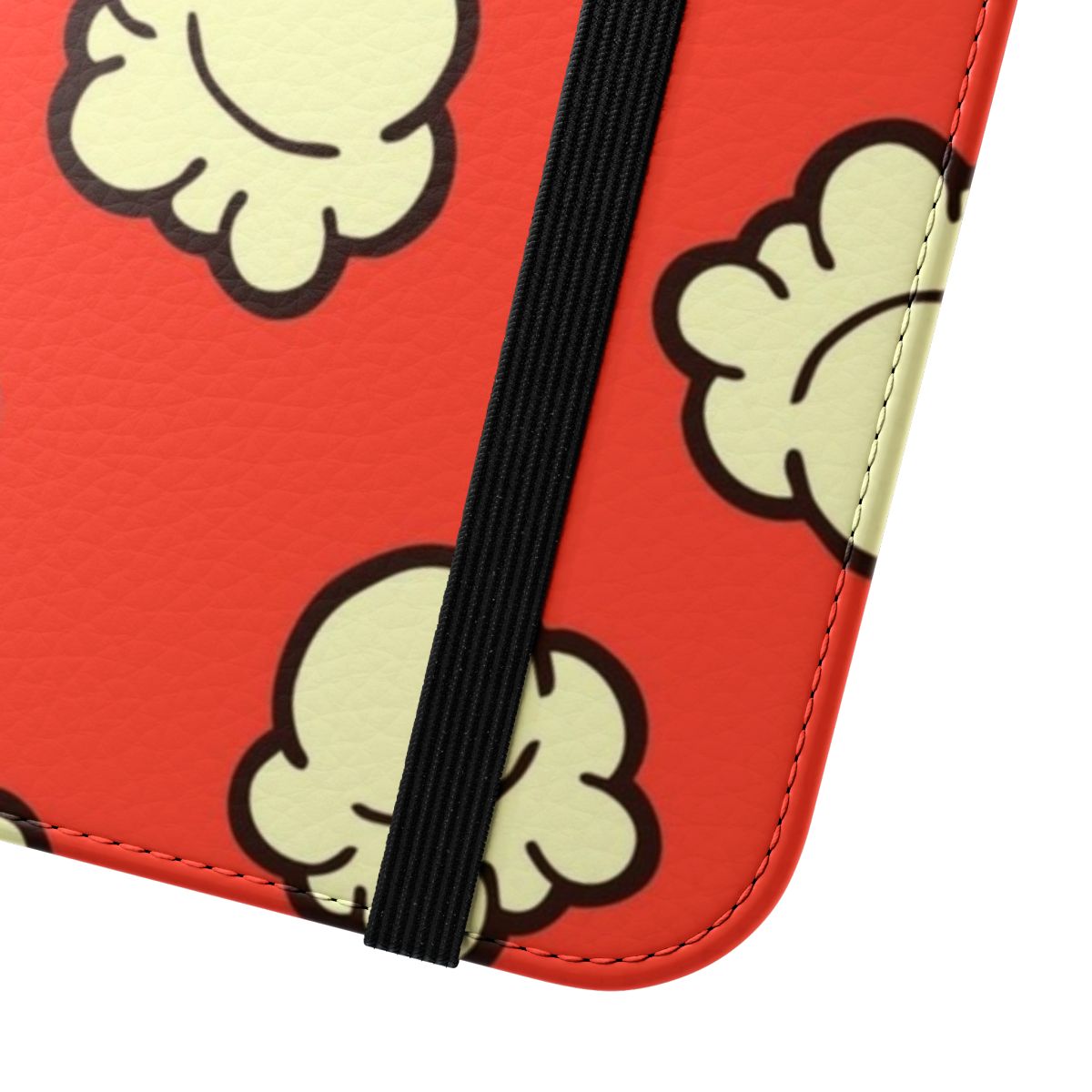 Illustrated popcorn pattern phone case in red, yellow, cream, and brown colors. - Close Up