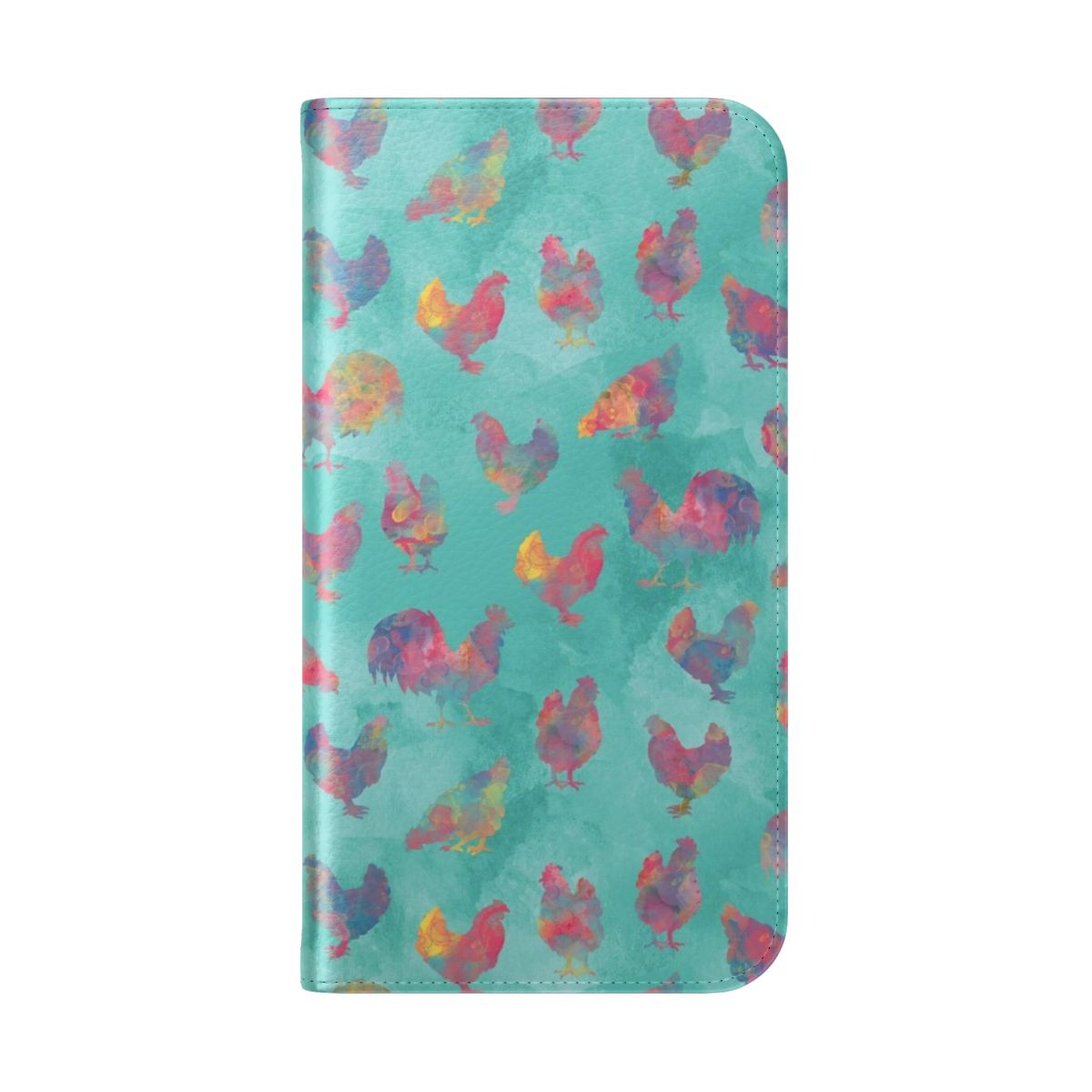 Flip phone case featuring a vibrant watercolor design of chickens and hens - Folded Back