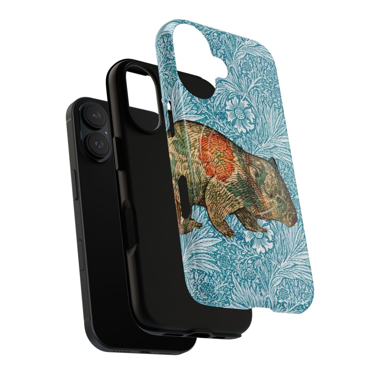 A blue and marigold magnetic tough phone case featuring a whimsical wombat illustration in the style of the Pre-Raphaelite artists. - Layers