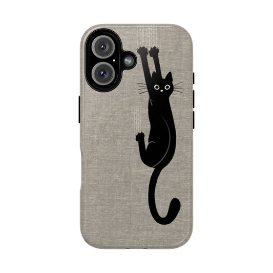 Black cat with claws hanging onto the edge of a phone case