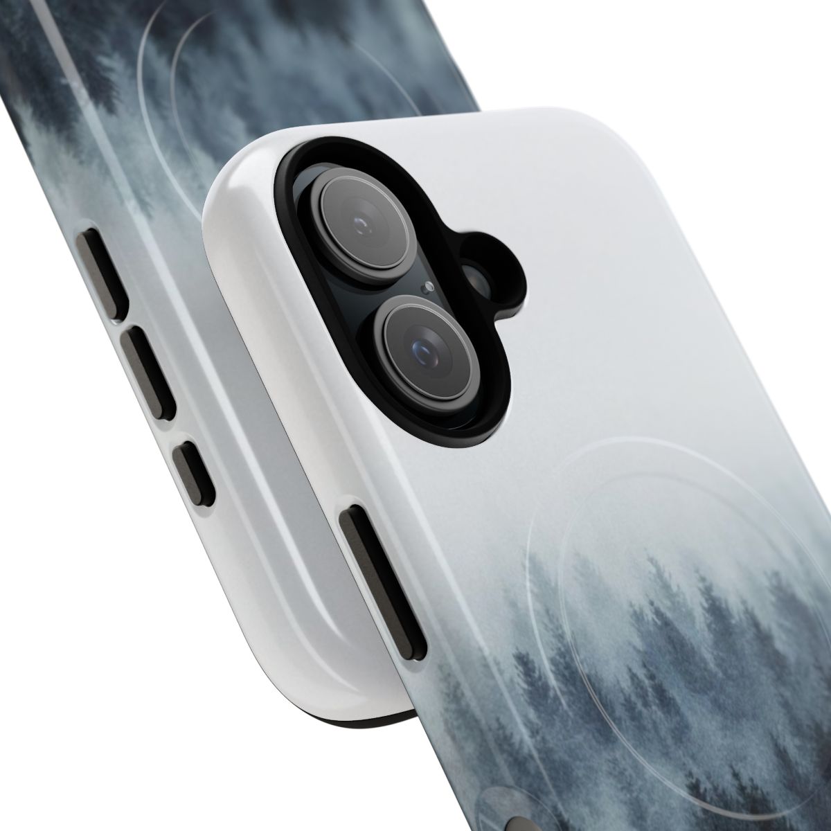 Stylish and durable magnetic phone case featuring a moody, misty forest landscape design. - Detail