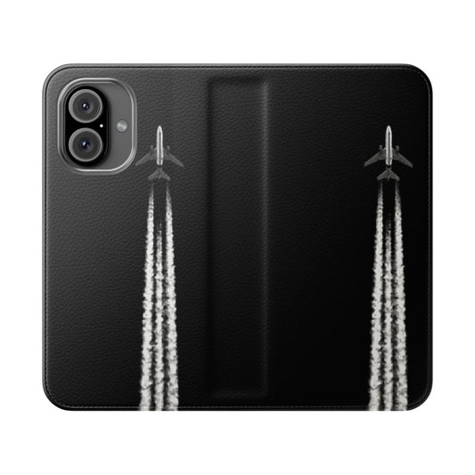 Minimalist phone case with a black and white design featuring a jet plane and contrails against a grey sky.