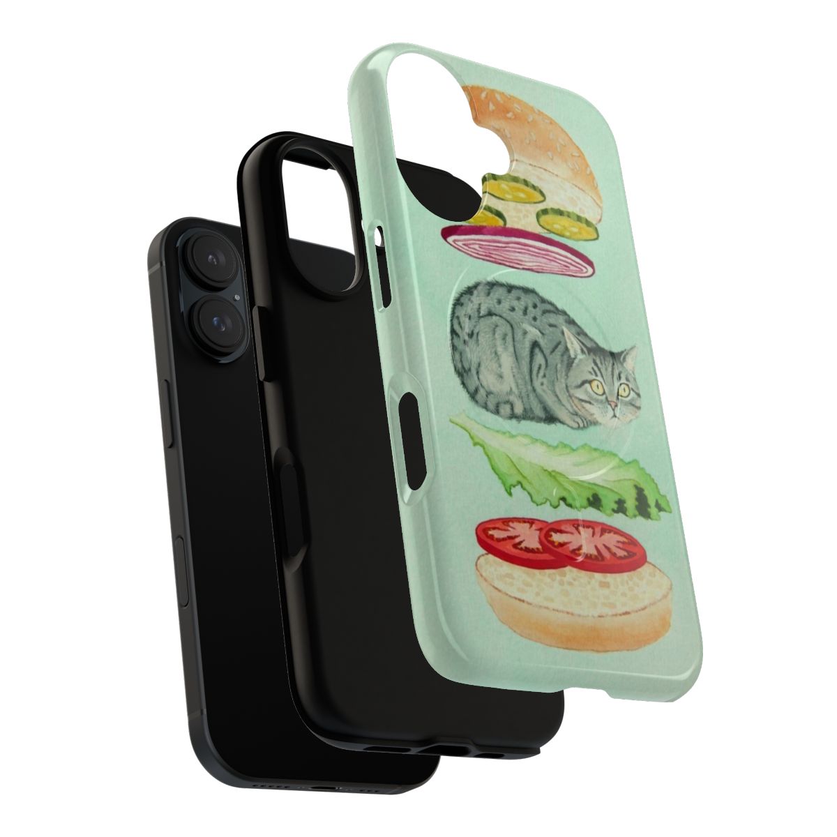 A magnetic tough phone case featuring a whimsical cat burger design. - Layers