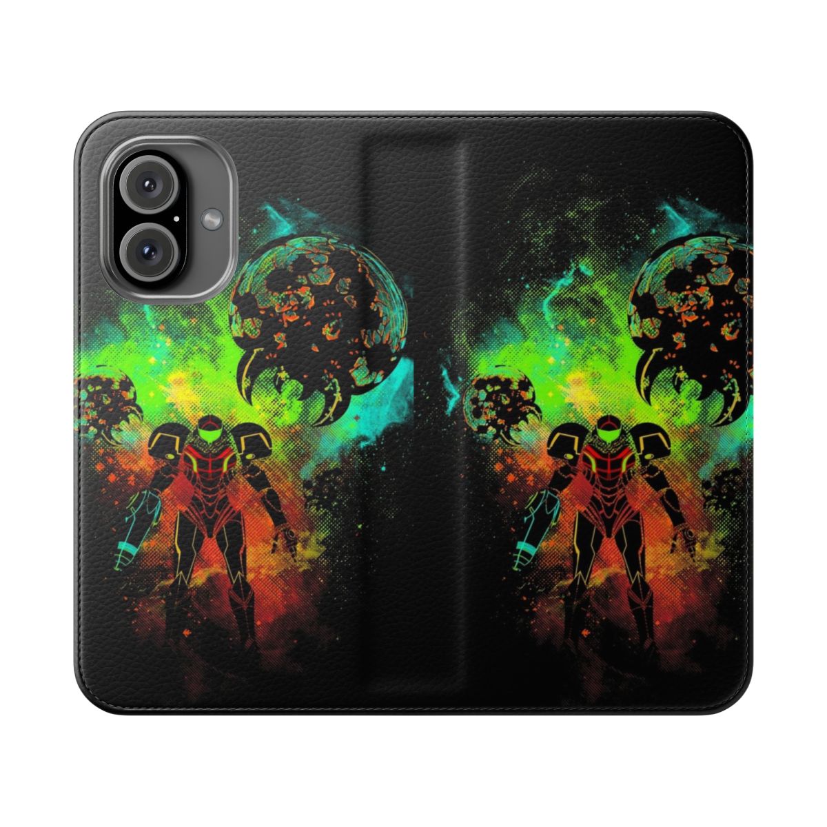 Cosmic Bounty Hunter-themed flip cover phone case with space and retro gaming design