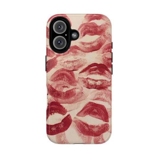 Magnetic tough phone case featuring a red lipstick kiss design