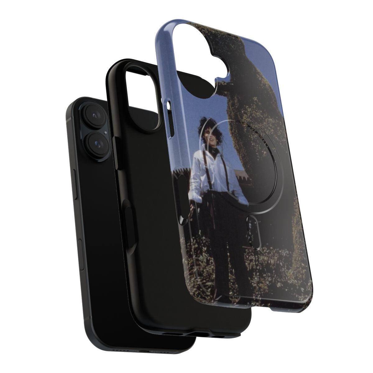 Magnetic phone case with dinosaur, scissorhands, and horror-themed designs - Layers