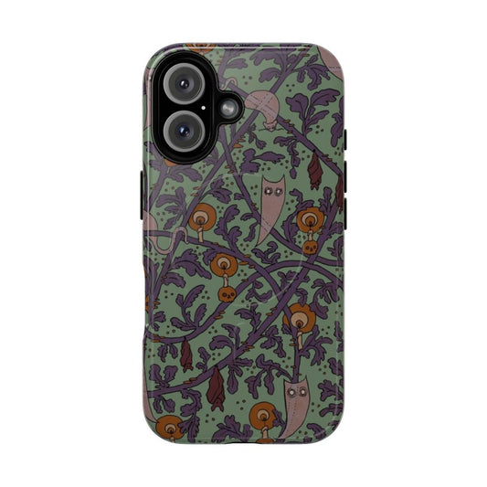 Haunted woods phone case featuring a ghostly, moody pattern with owls, cats, and other supernatural elements